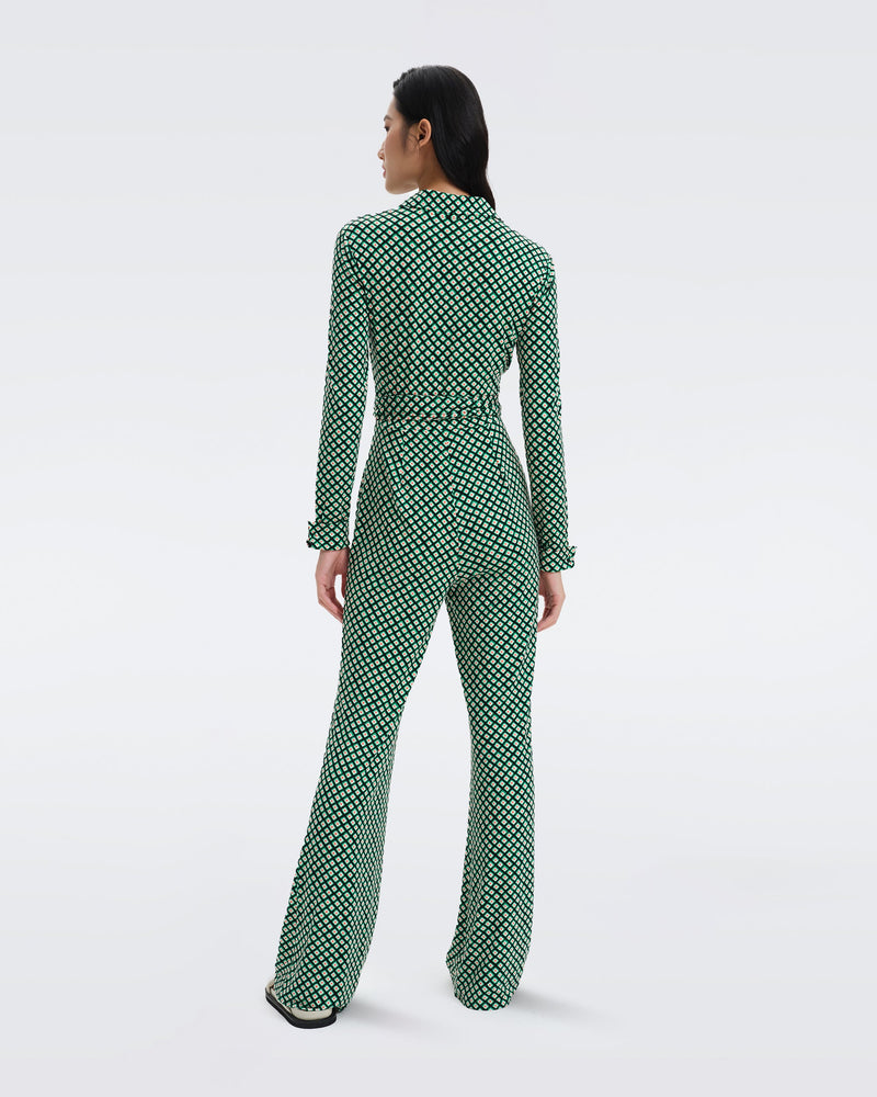 DVF Michelle Jersey Jumpsuit in Tiny Painted Cube Indian Green