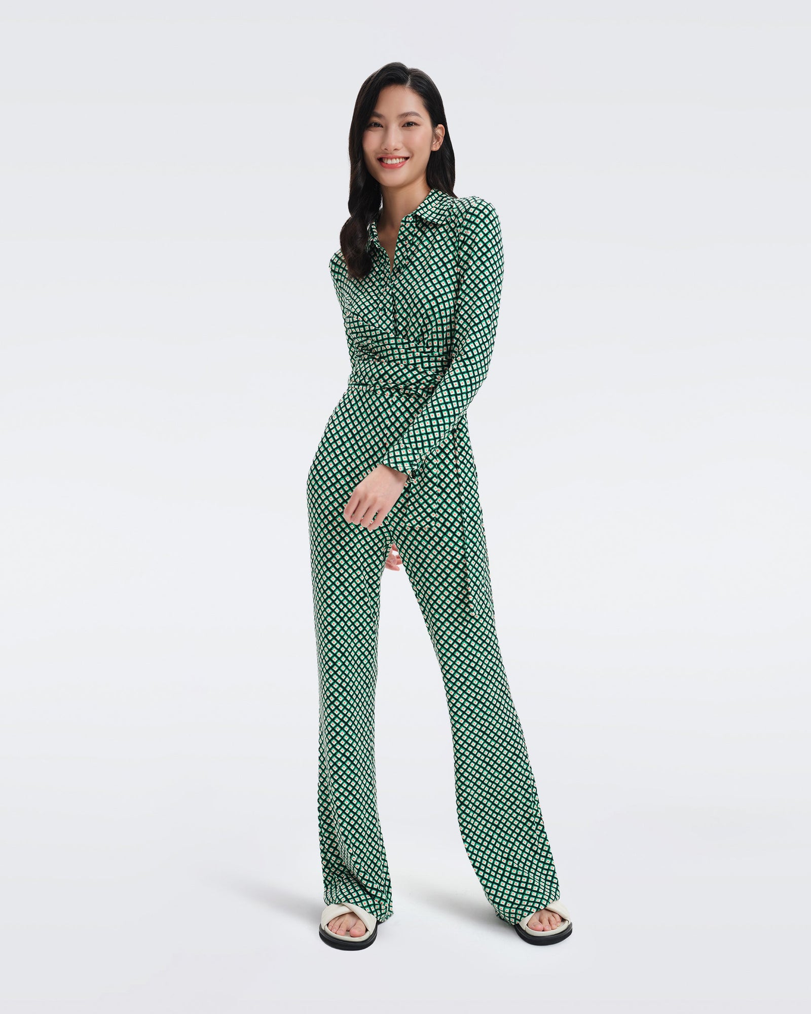 DVF Michelle Jersey Jumpsuit in Tiny Painted Cube Indian Green