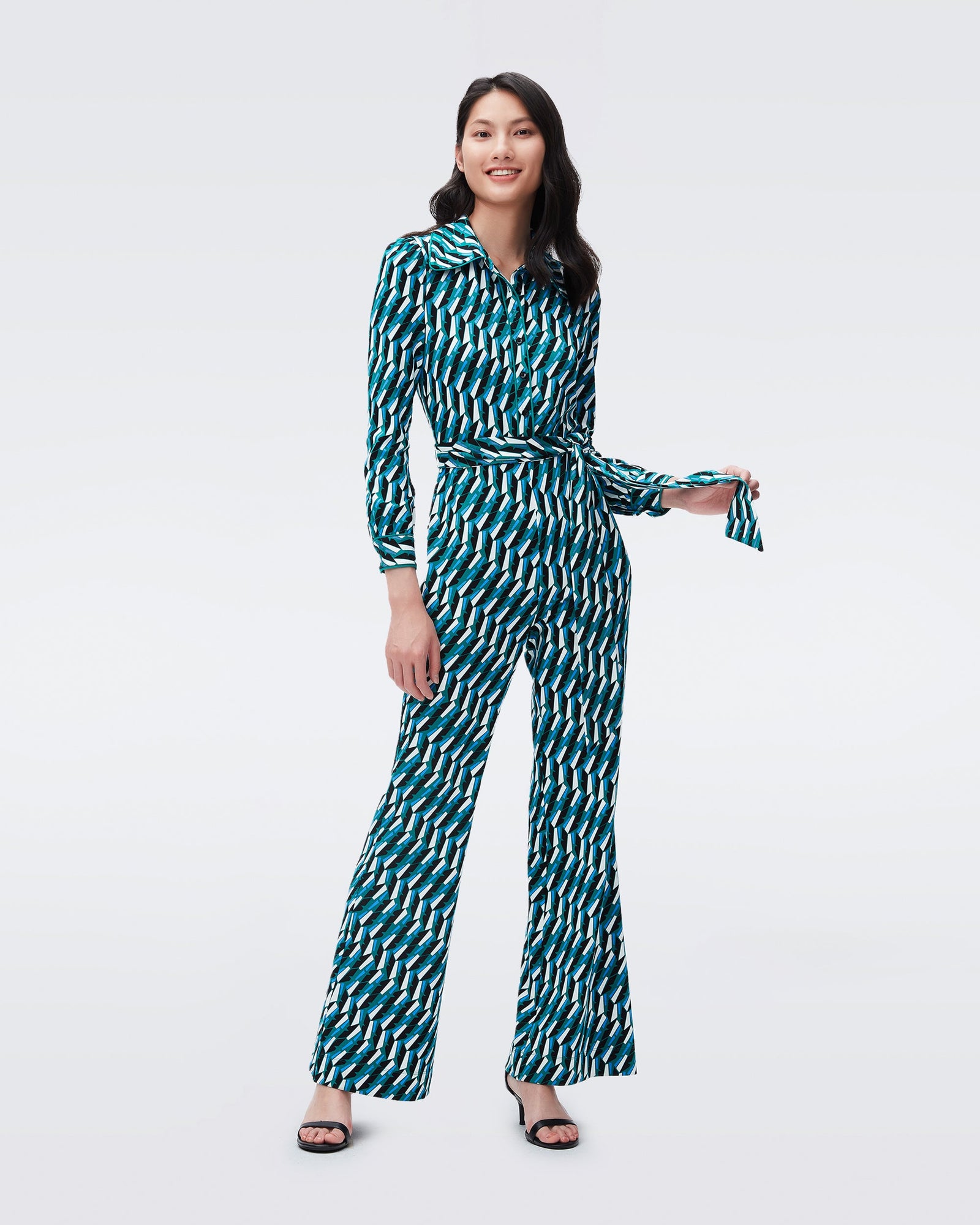 DVF milly jersey jumpsuit in zig zag emerald