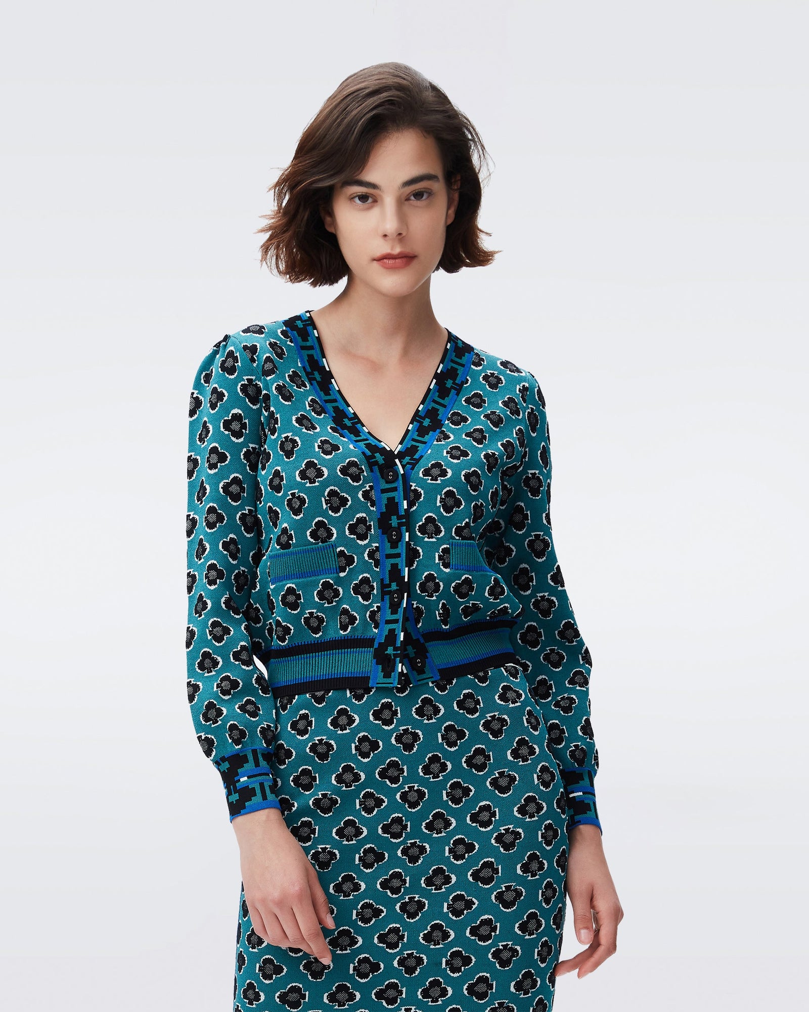 DVF bryant jacquard cardigan in playing cards signature turquoise