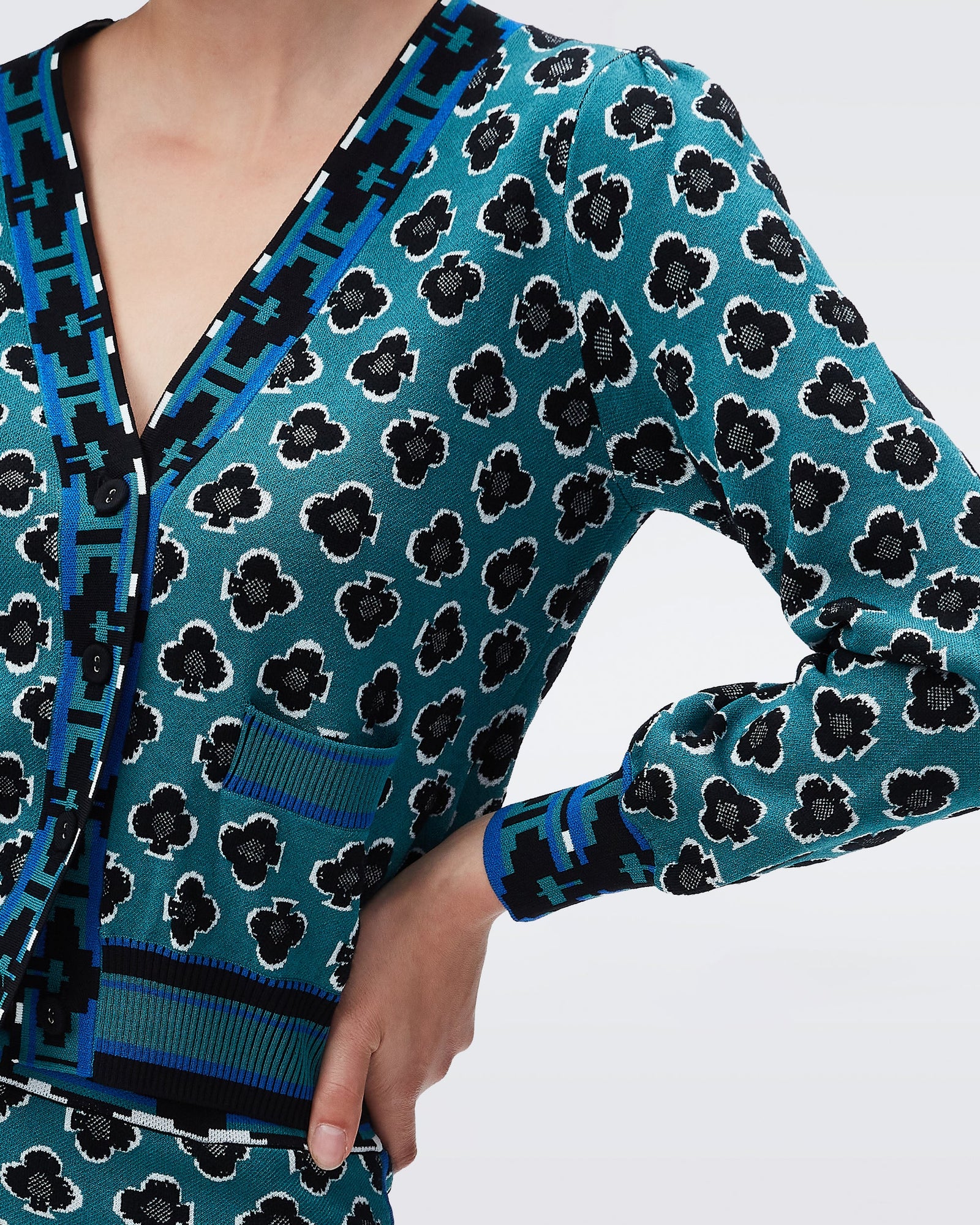 DVF bryant jacquard cardigan in playing cards signature turquoise