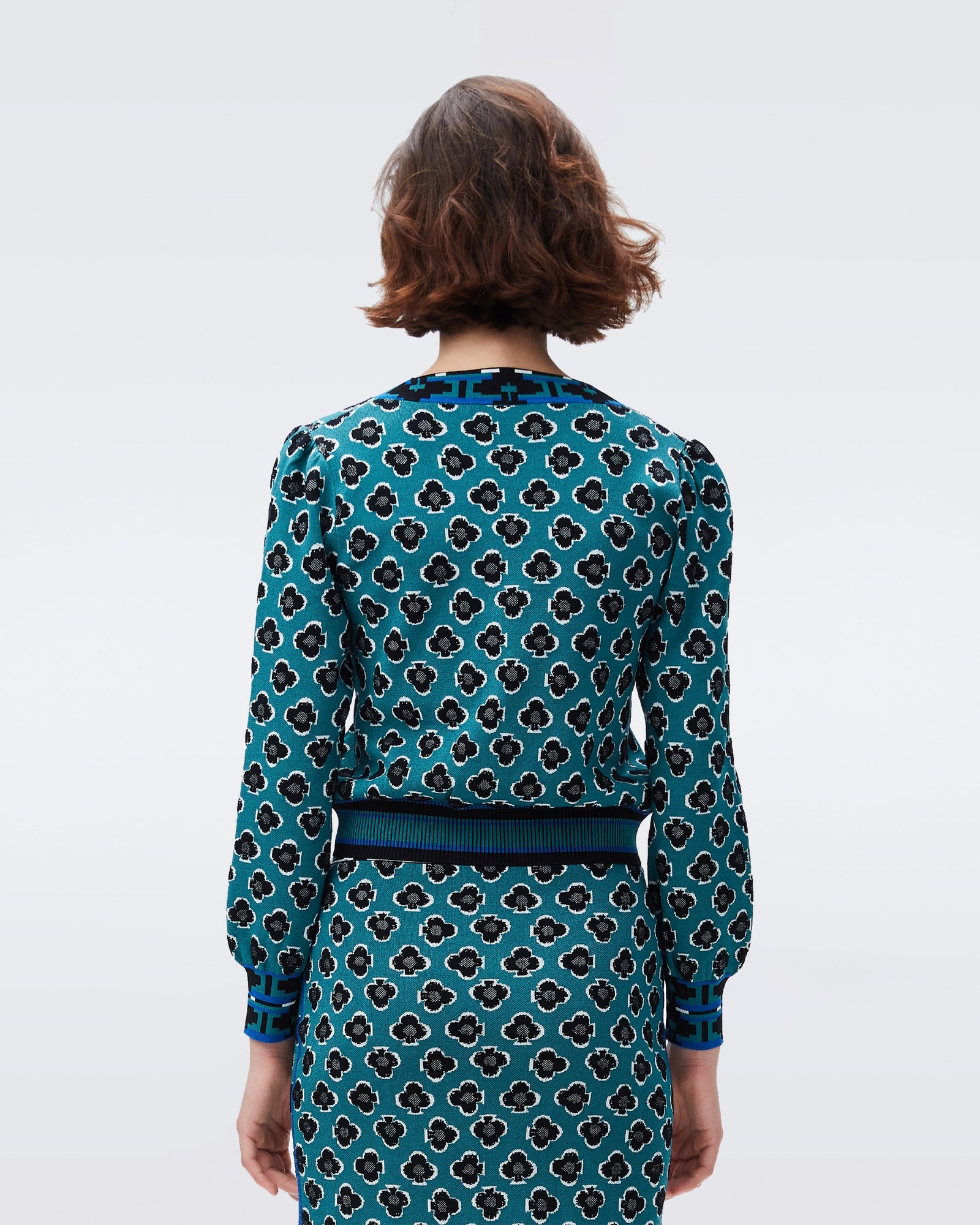 DVF bryant jacquard cardigan in playing cards signature turquoise