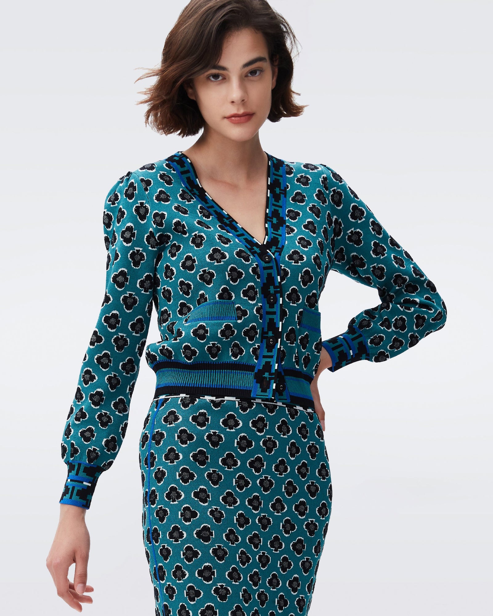 DVF bryant jacquard cardigan in playing cards signature turquoise