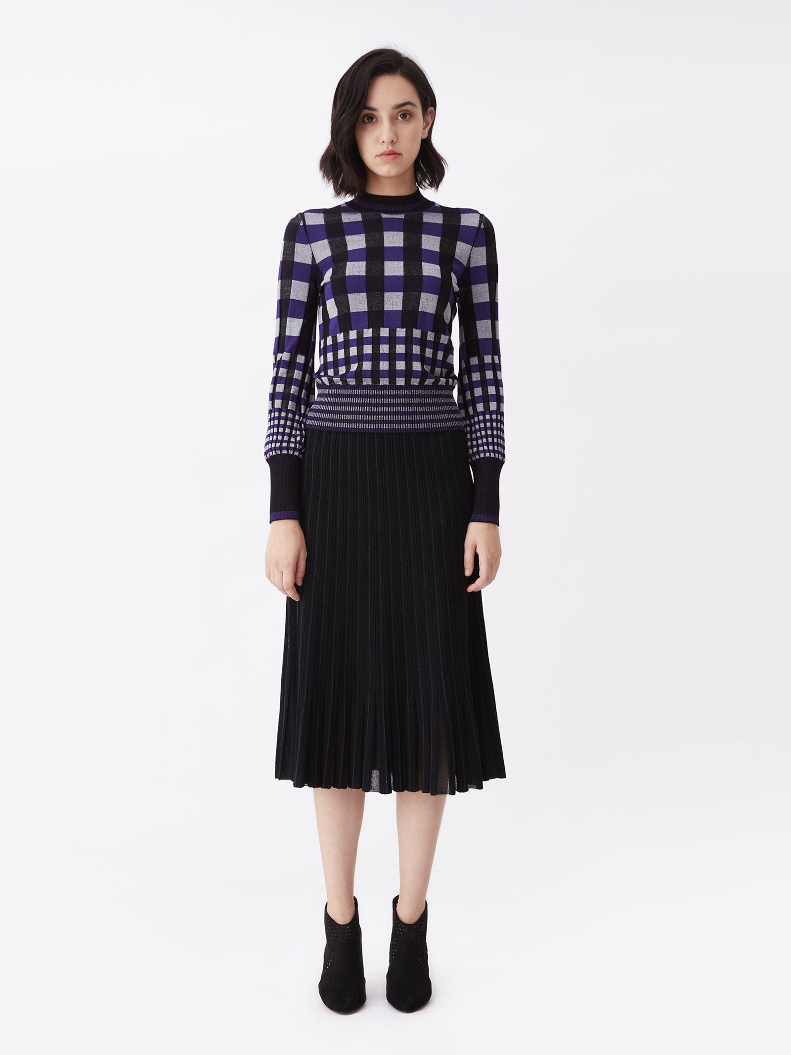 Roxanne Knit Mockneck In Purple White Gingham