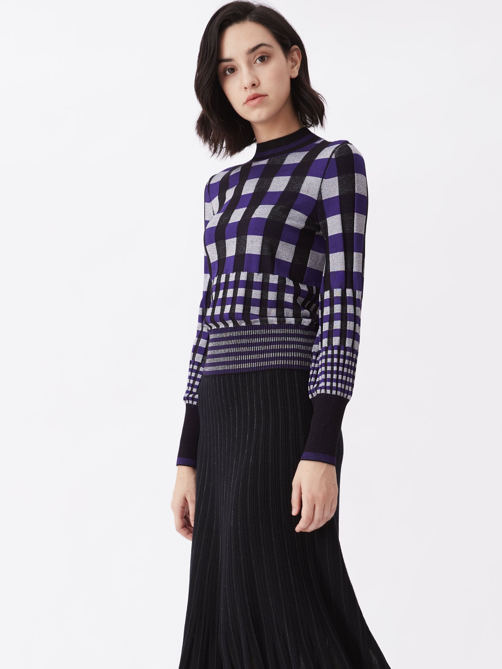 Roxanne Knit Mockneck In Purple White Gingham