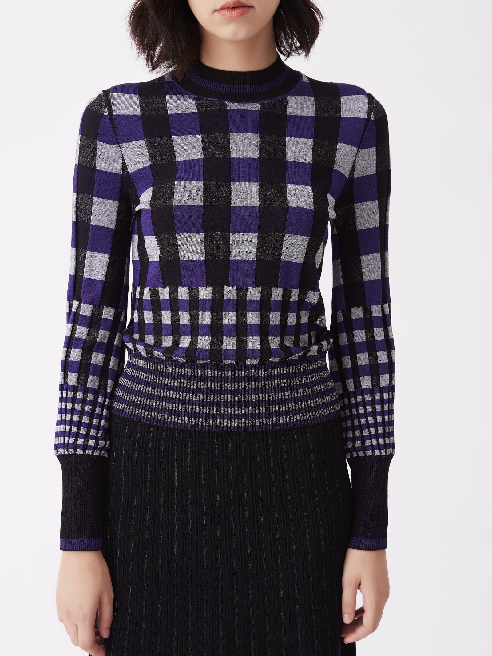 Roxanne Knit Mockneck In Purple White Gingham
