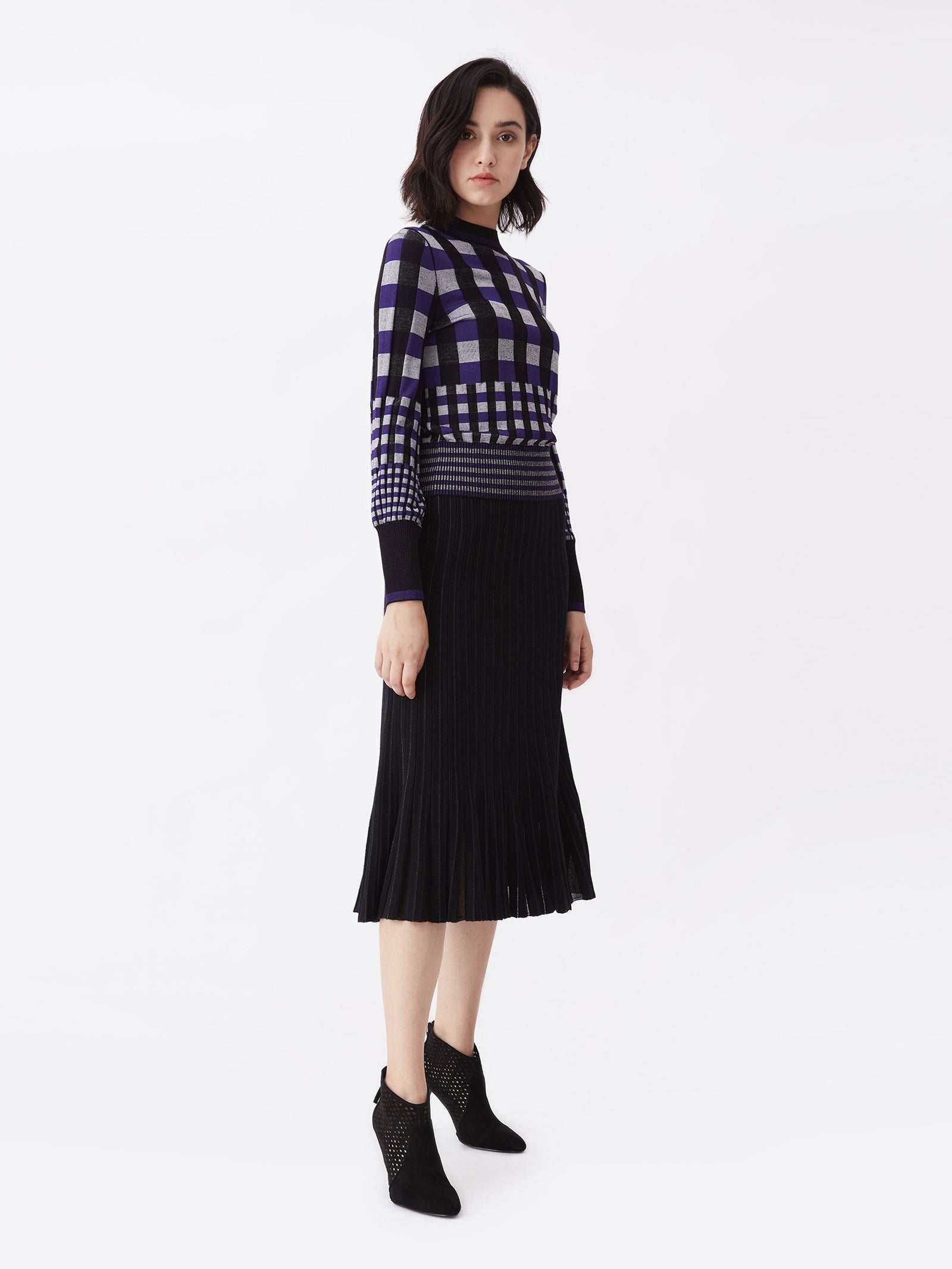 Roxanne Knit Mockneck In Purple White Gingham