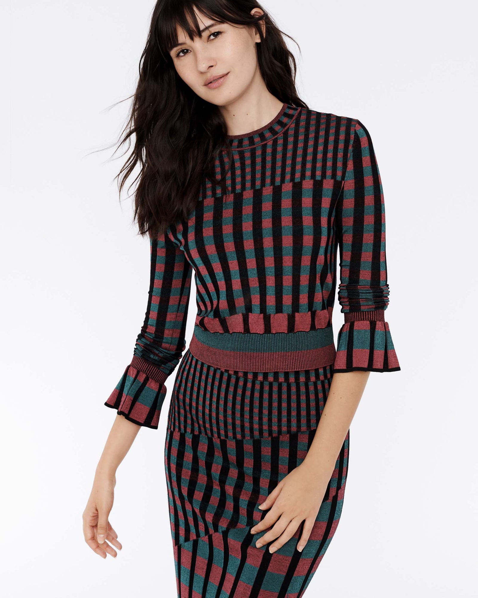Clemment Ribbed Knit Pullover In Hollyberry Gingham