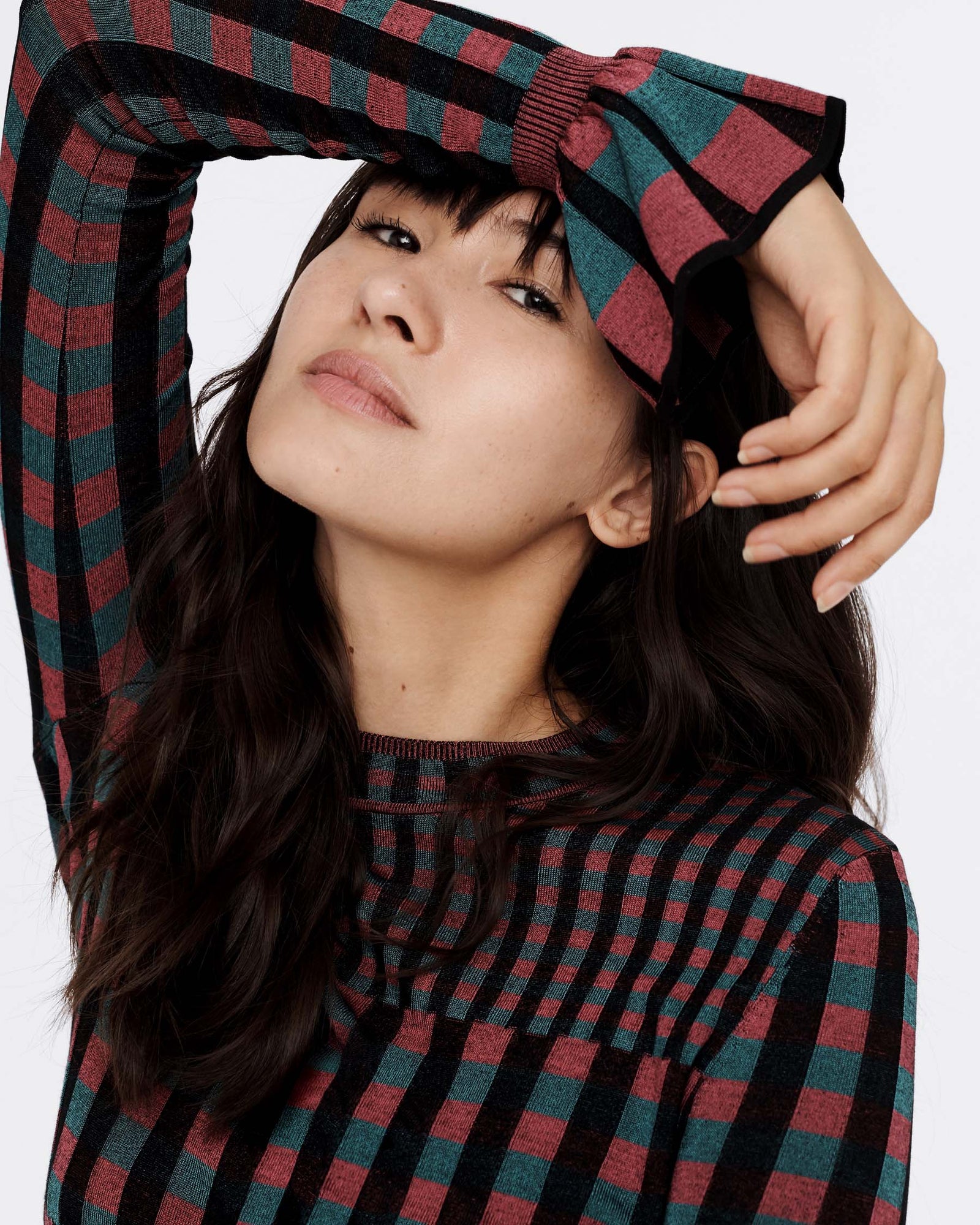 Clemment Ribbed Knit Pullover In Hollyberry Gingham