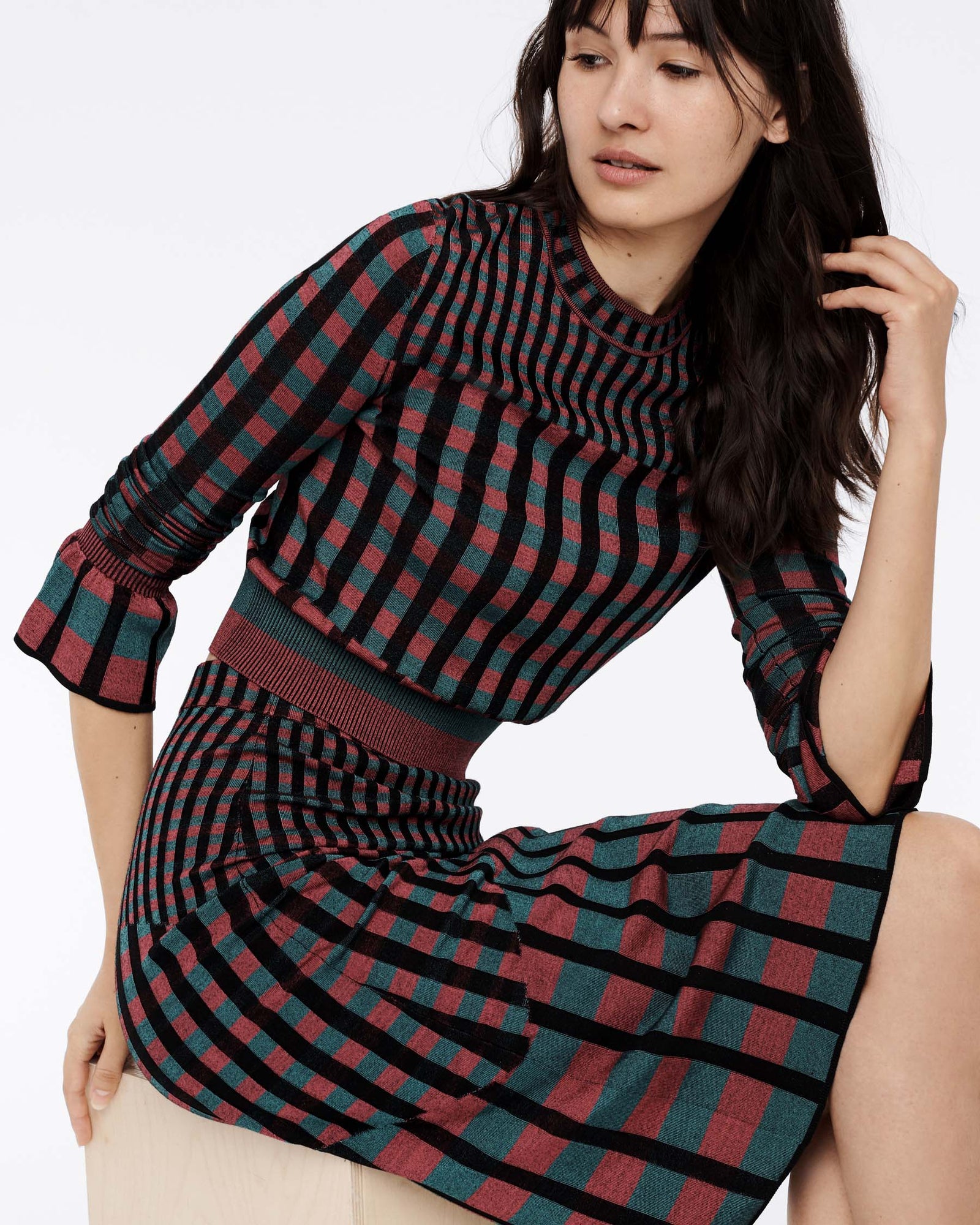 Clemment Ribbed Knit Pullover In Hollyberry Gingham