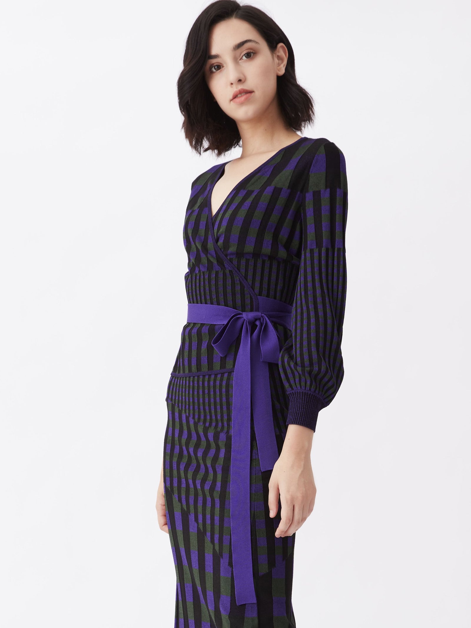 Emily Ribbed Knit Wrap Top In Purple Green Gingham