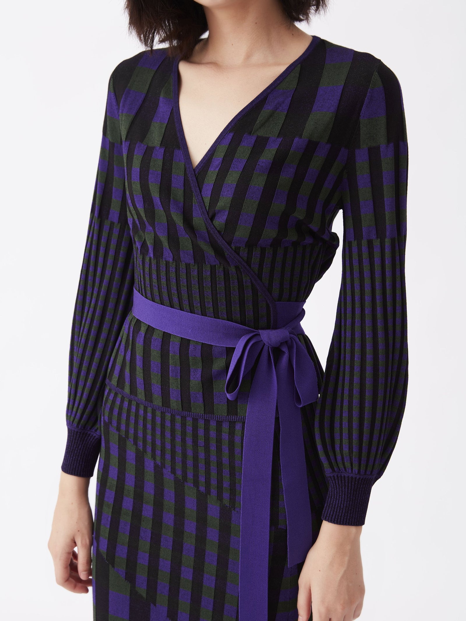 Emily Ribbed Knit Wrap Top In Purple Green Gingham