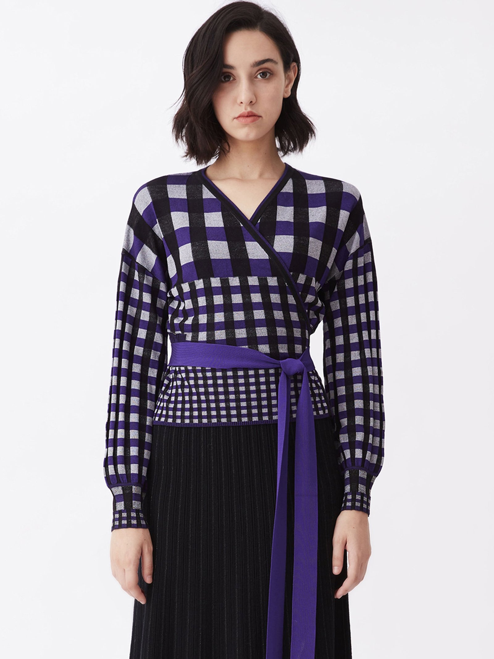 Ada Knit Wrap Top In Gingham