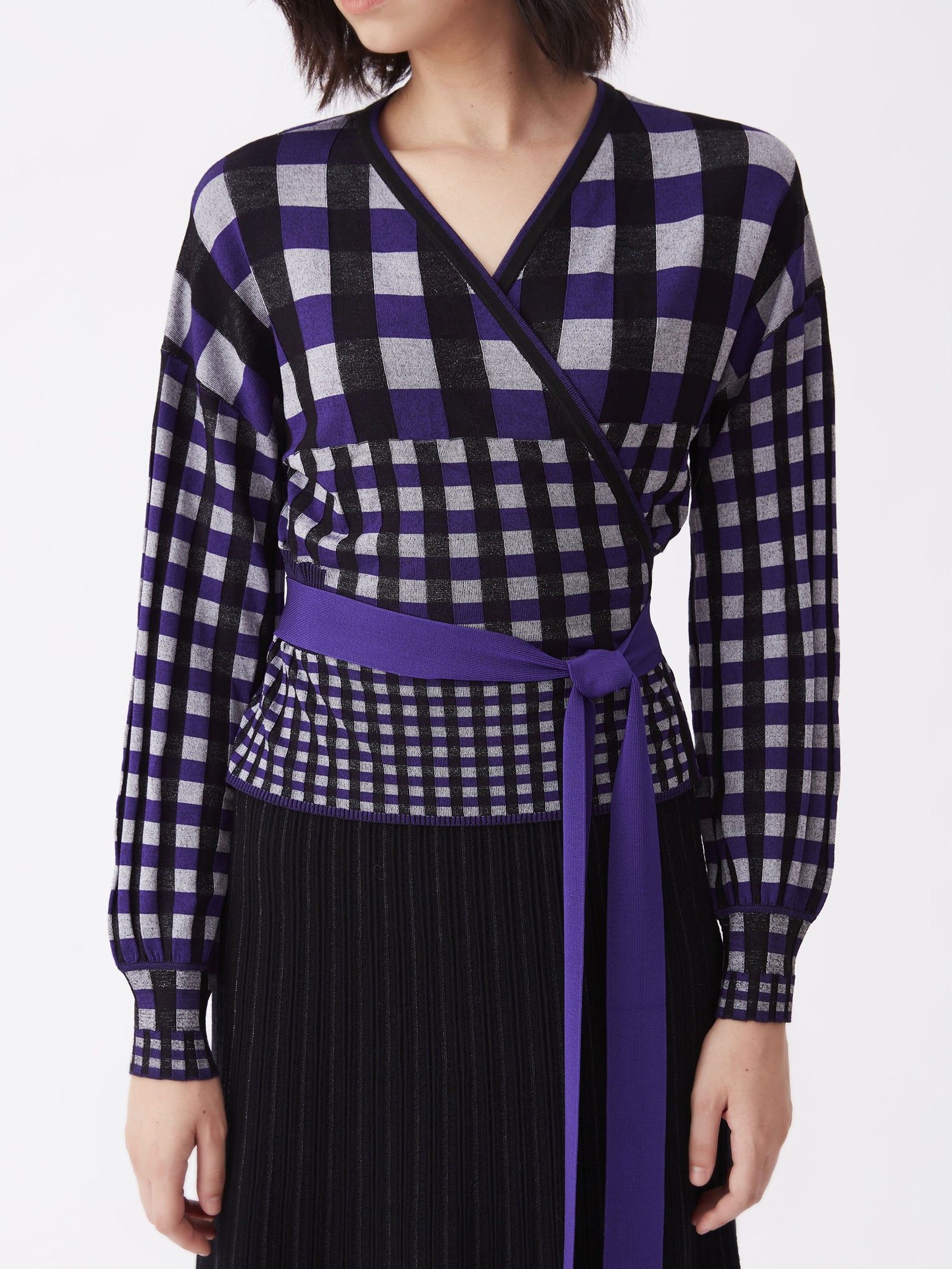 Ada Knit Wrap Top In Gingham