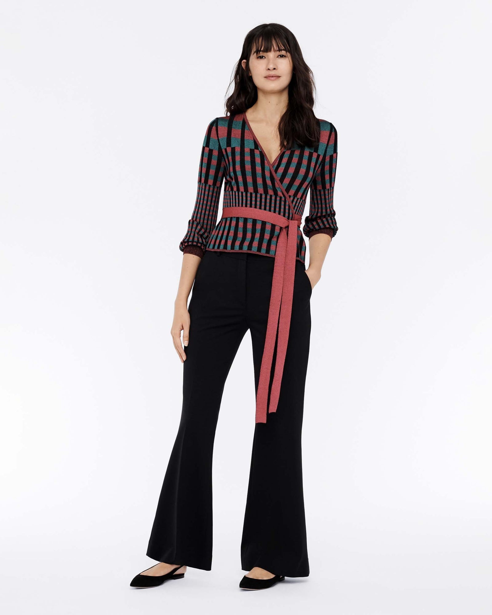 Emily Ribbed Knit Wrap Top In Grape Purple Green Gingham