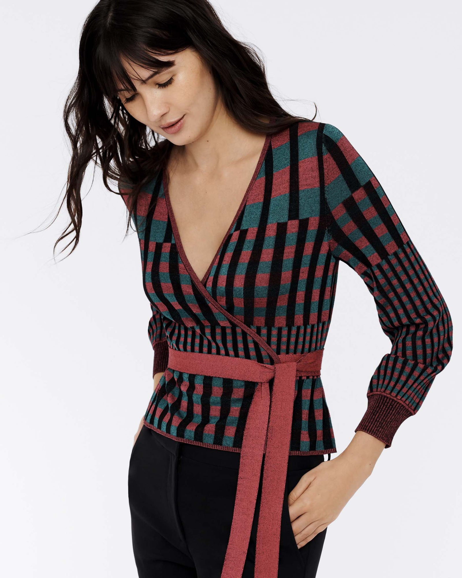 Emily Ribbed Knit Wrap Top In Grape Purple Green Gingham