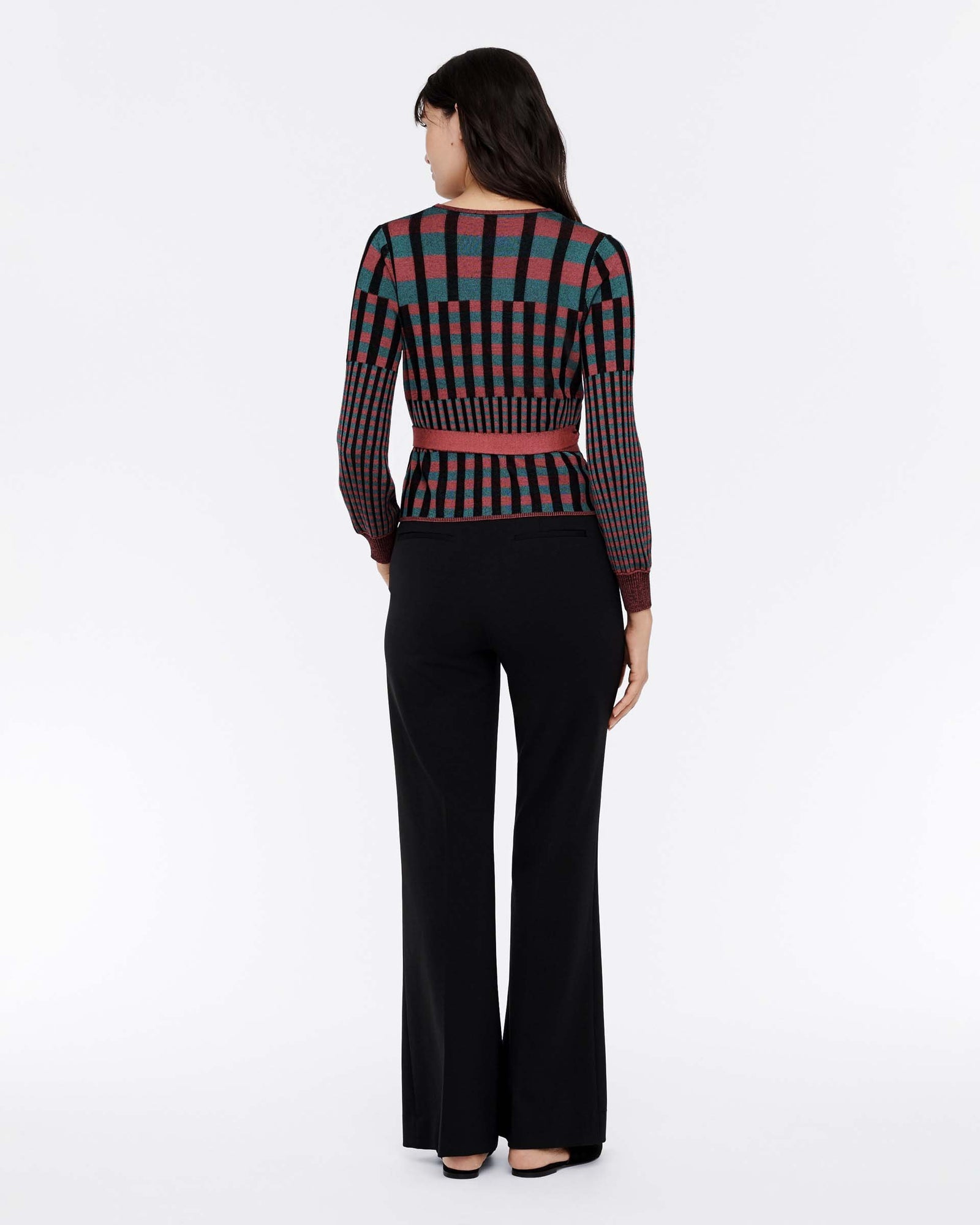 Emily Ribbed Knit Wrap Top In Grape Purple Green Gingham