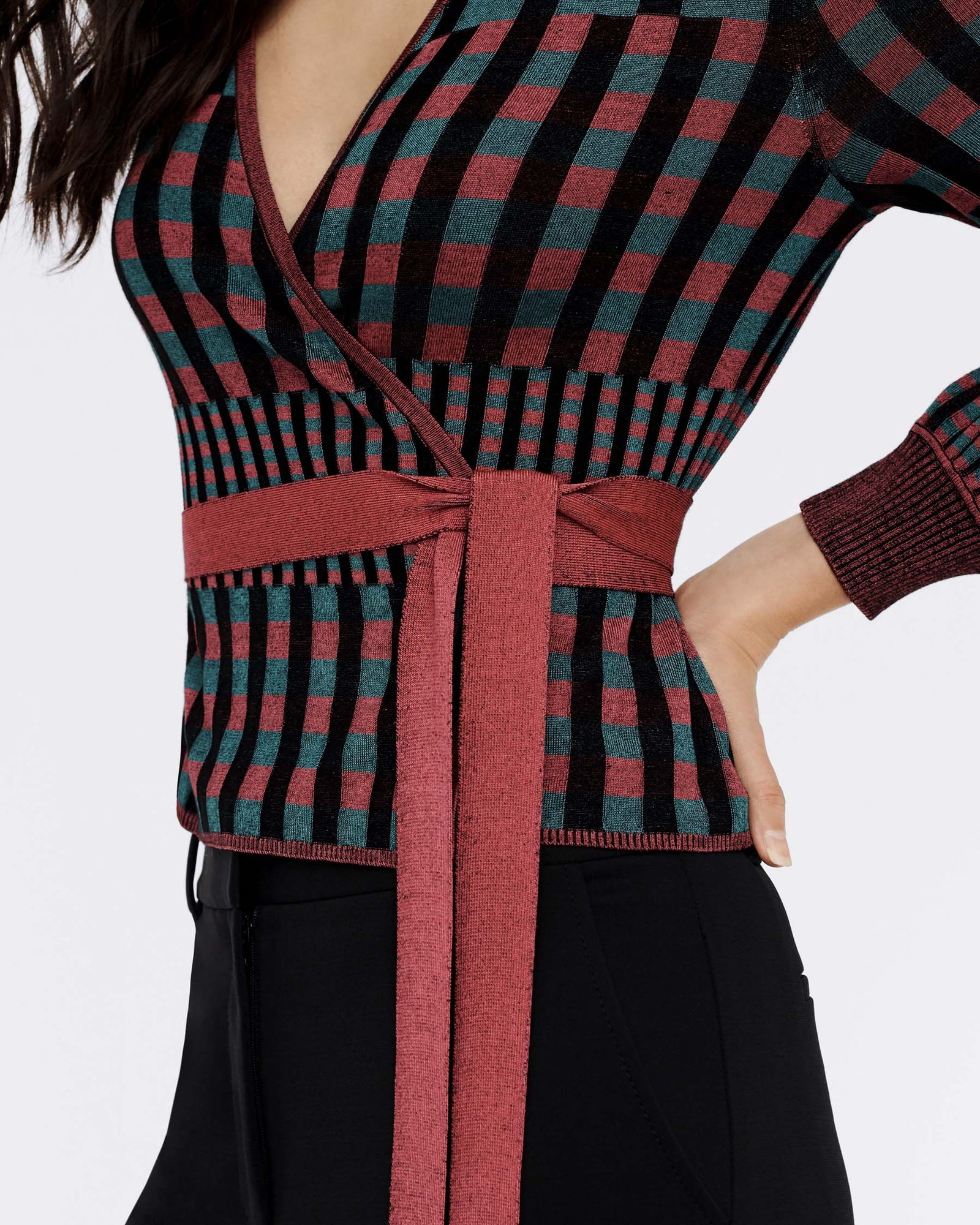 Emily Ribbed Knit Wrap Top In Grape Purple Green Gingham