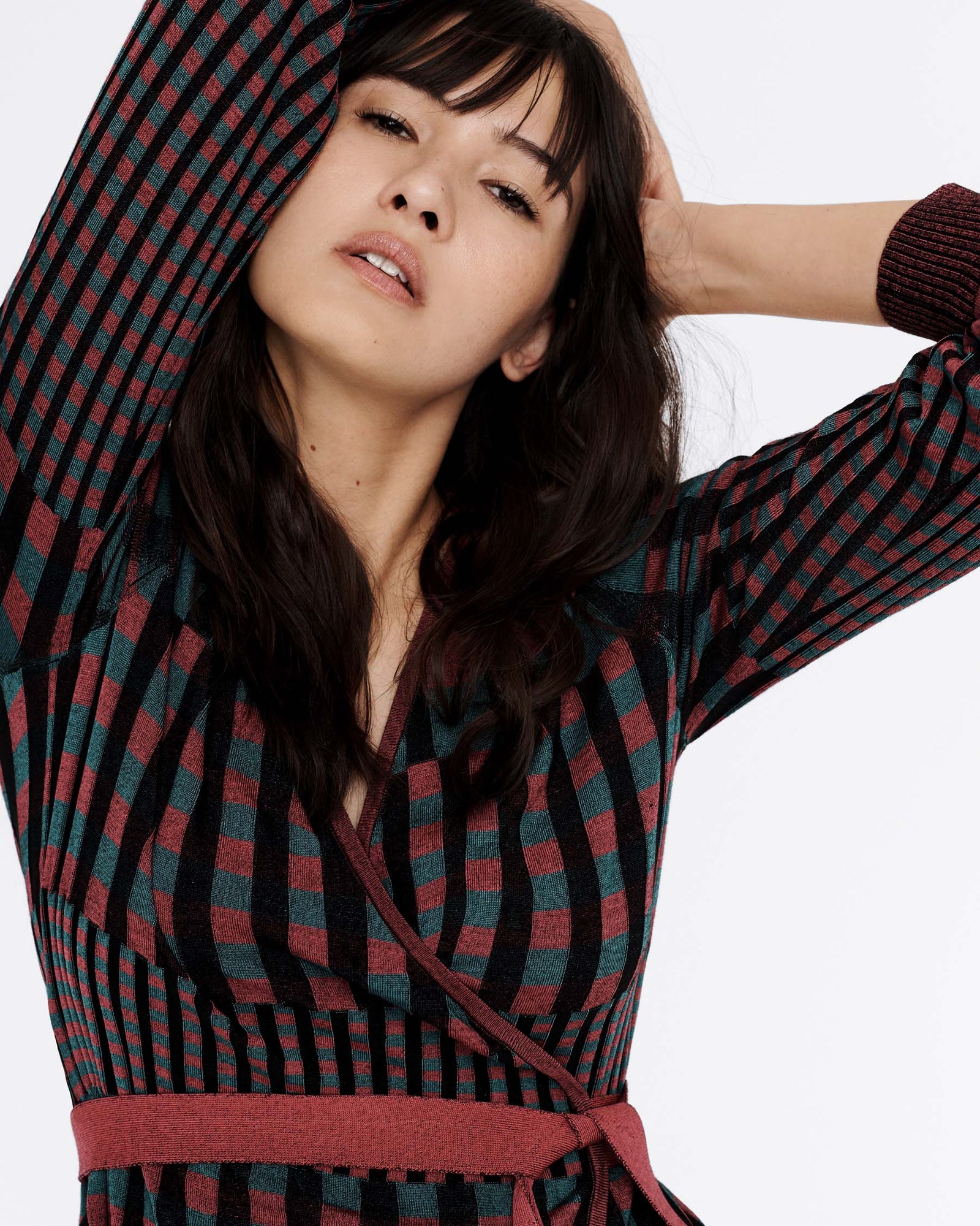 Emily Ribbed Knit Wrap Top In Grape Purple Green Gingham