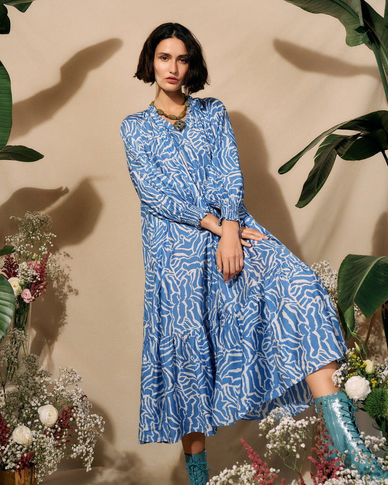 DVF Fortina Silk Poplin Maxi Dress in Tiger Signature Blue